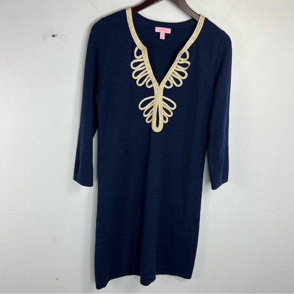 Lilly Pulitzer Size Medium Merino Wool Long Sleeve Navy Gold Sweater Dress X2 - Picture 1 of 6